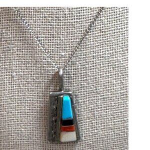 Vintage Zuni Sterling Silver Inlaid Pendant Necklace Turquoise Coral MOP Inlay